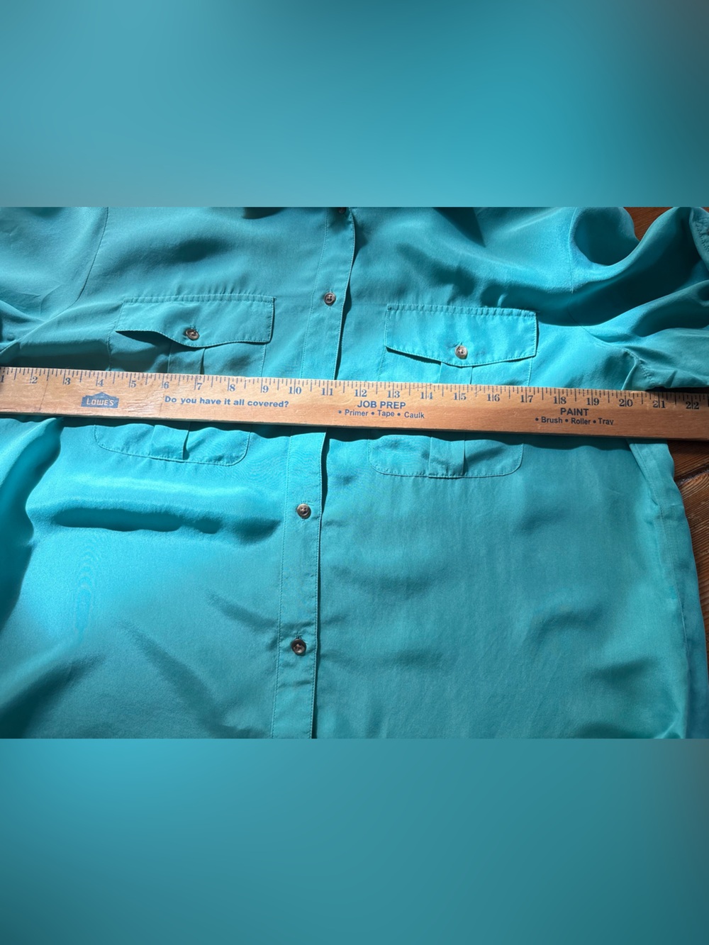 Lauren Ralph Lauren 100% Silk Button Up Shirt Large Turquoise Utility Blouse - Picture 5 of 11